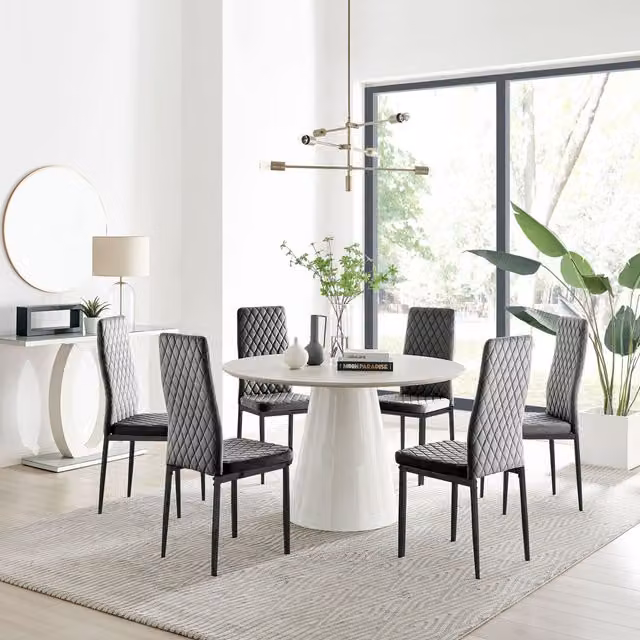 Furniturebox Palma Beige Stone Effect Round Dining Table and 6 Milan Black Leg Chairs Set