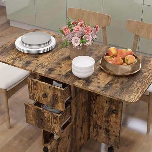 HOMCOM Extendable Drop Leaf Dining Table with Castors, Rustic Brown, W/D/H: 60 x 30 x 76.5 cm (Extendable to 120 cm) – 5