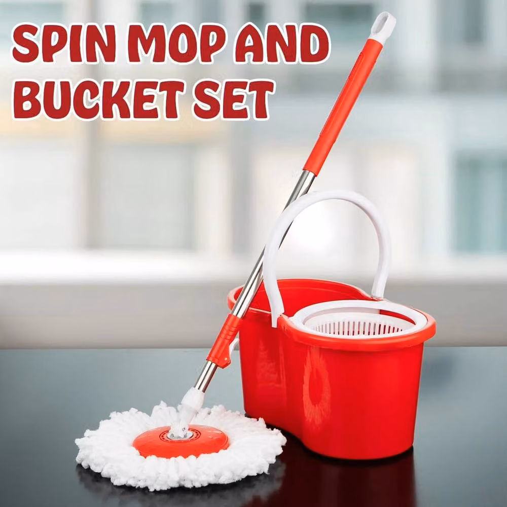 SPETLEK Spin Floor Mop and Bucket Set with 2 Microfibre Heads and Wringer, Red – 3
