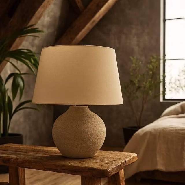 Wyld Haus Tuscan Grey Ceramic Table Lamp with Beige Fabric Shade – 1