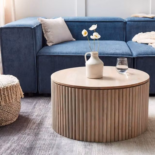 Wyld and Coco Round Mango Wood Coffee Table with Hidden Storage, Brown, Diameter: 70 cm – 1