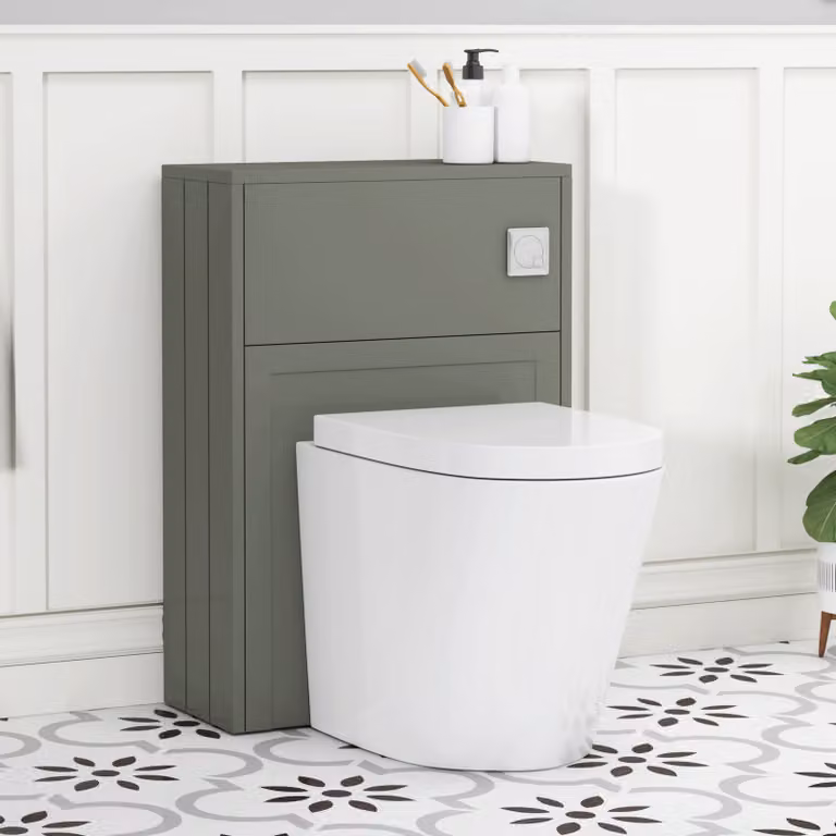 Royal Bathrooms Elmore Matt Green Wall Mounted WC Unit with Cesar Rimless Ceramic Toilet Pan, Seat and Cistern, Width: 55 cm