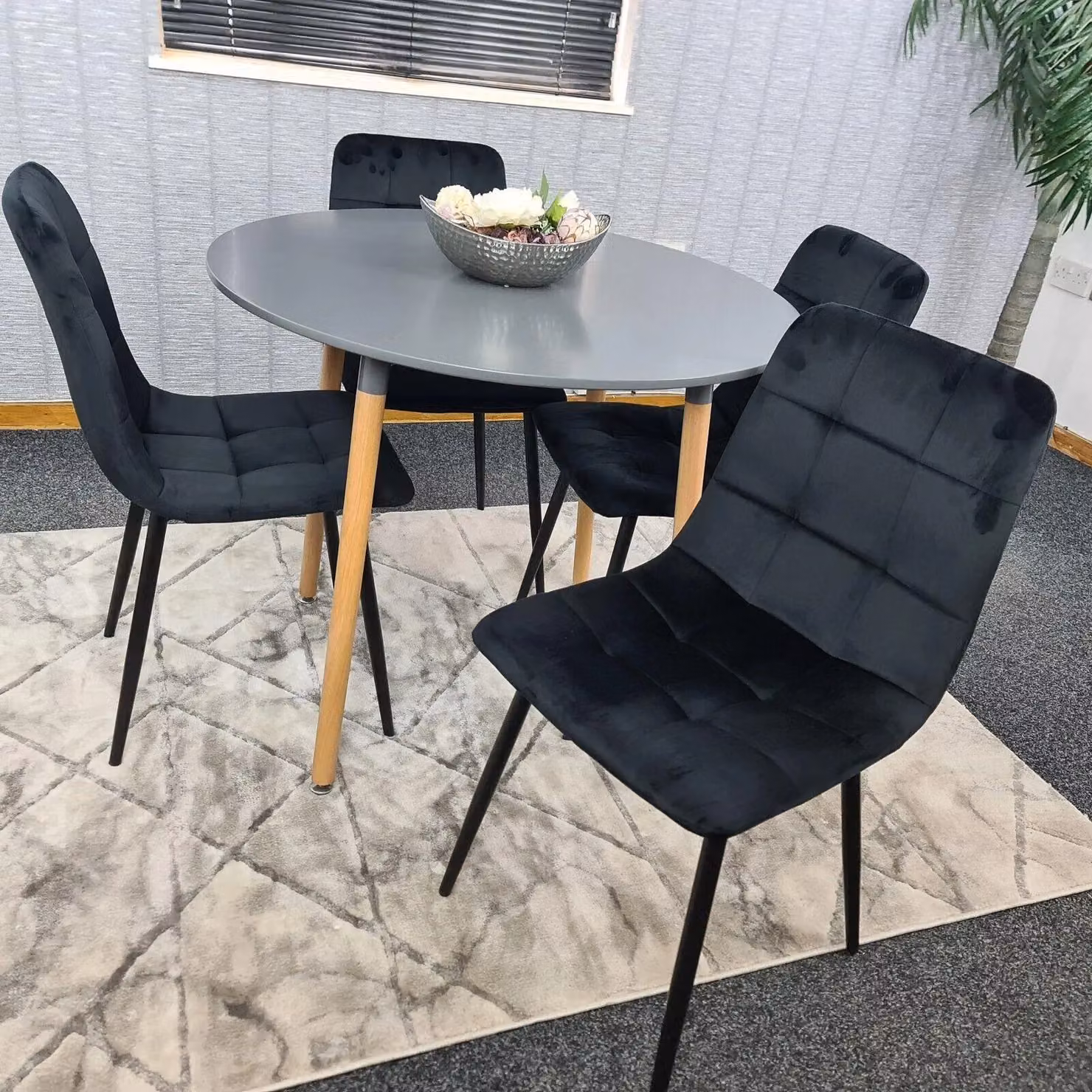 Kosy Koala Modern Round Grey Dining Table and 4 Black Velvet Chairs – 2