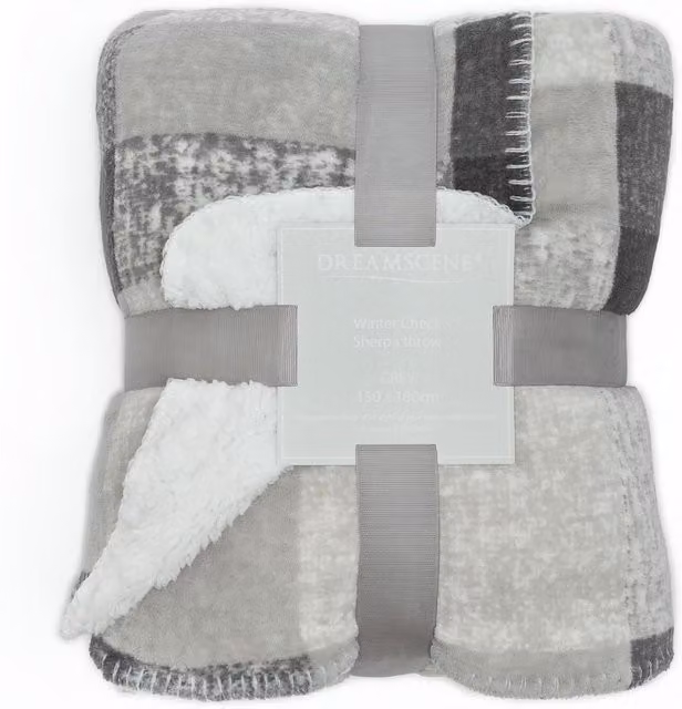 Dreamscene Grey Checked Sherpa Flannel Fleece Throw Blanket