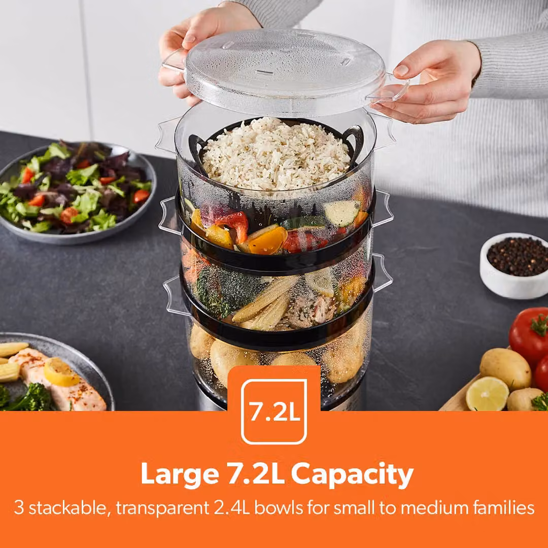 Geepas 3-Tier Electric Food Steamer and Multi-cooker, 7.2L, Silver – 3