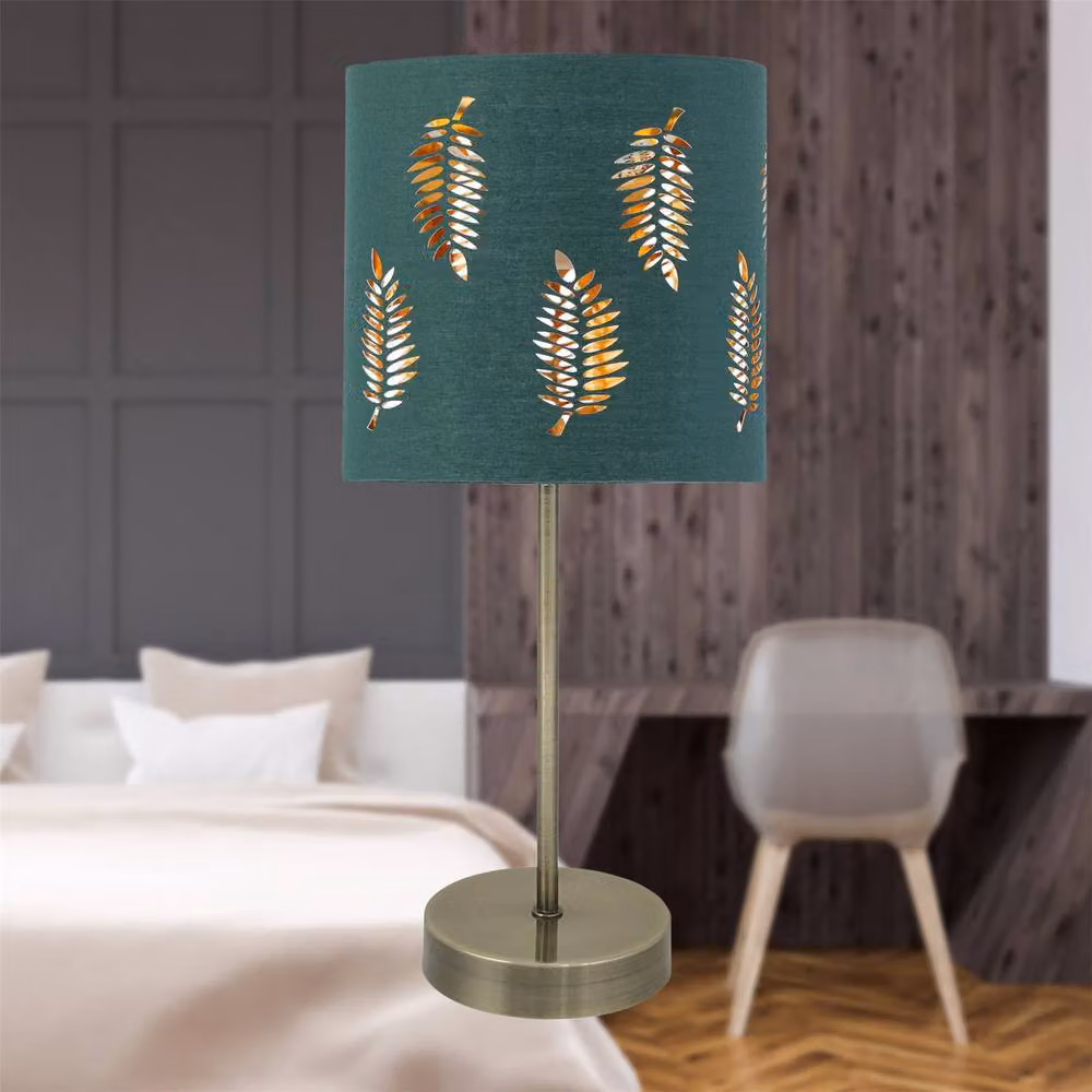First Choice Lighting Set of 2 Antique Brass Stick Table Lamps with Green Fabric Shades – 2