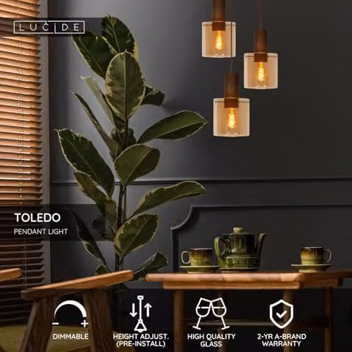 Lucide Toledo Dimmable Adjustable Vintage Cluster Pendant Light in Amber and Orange with Glass and Aluminium Finish, 3 x E27 – 2
