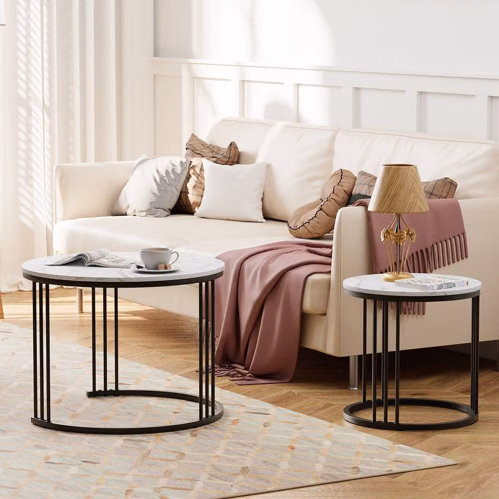 Huhote Set of 2 Modern Round Nesting Tables with White Marble Finish Top and Black or Gold Metal Frame – 4