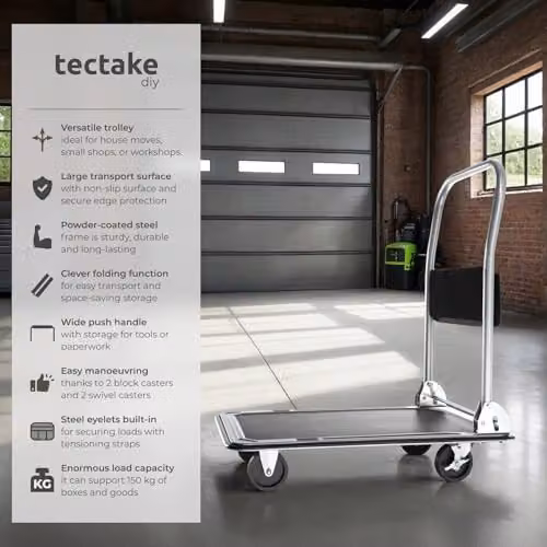 tectake Platform Trolley in Black with 150 kg Load Capacity, Foldable Handle, Storage Pocket and 4 Castors including 2 Lockable Brakes – 3