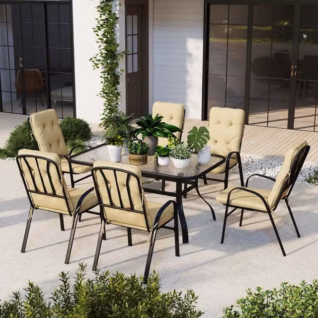 OUTSUNNY 7 Piece Garden Dining Set with Beige Cushions and Glass Top Table