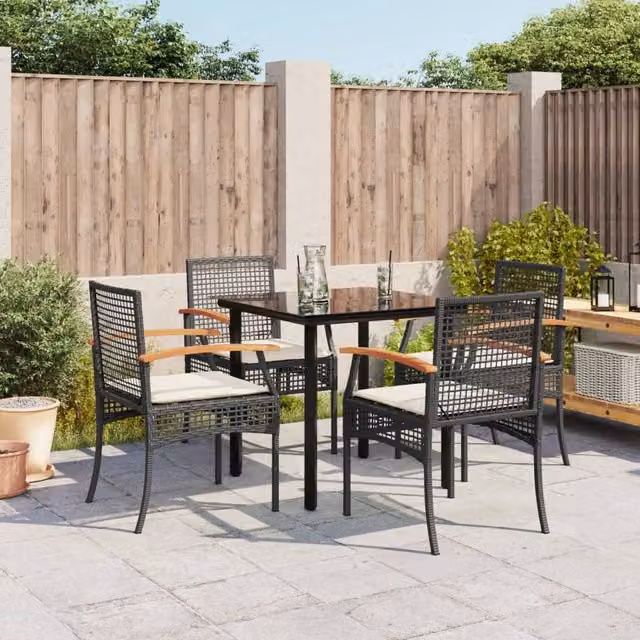 Berkfield Home 5 Piece Garden Dining Set with Cushions in Black Poly Rattan and Glass Top – 1
