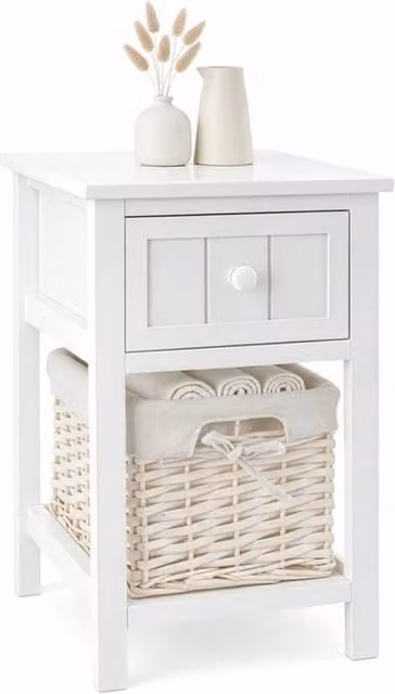 VOGREX Shabby Chic Bedside Table with White Wicker Basket Drawer – 1