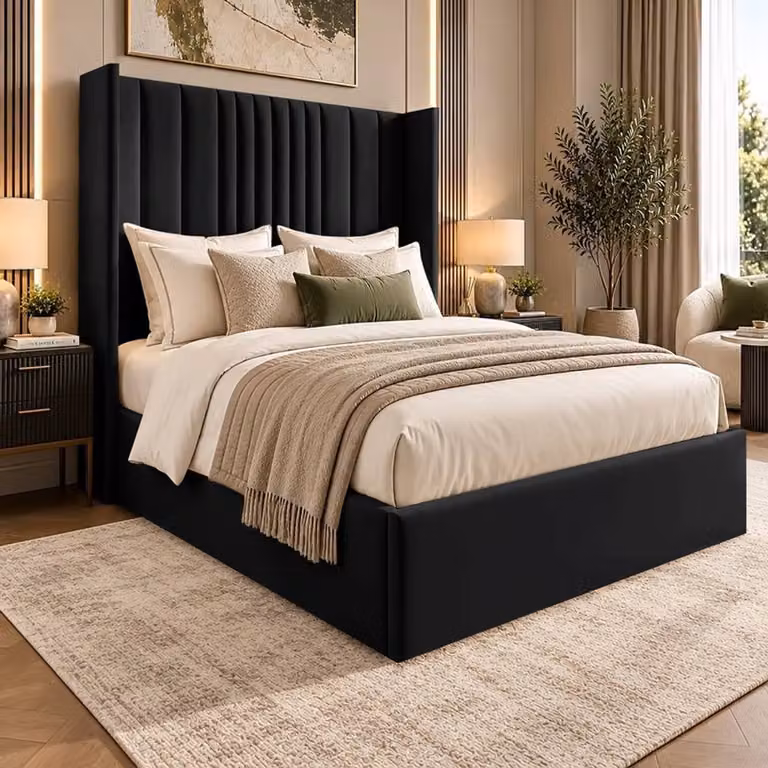 Desire Deco Adeline Plush Velvet Wingback Ottoman Storage Bed Frame in Black, Size: King (180 x 200 cm)