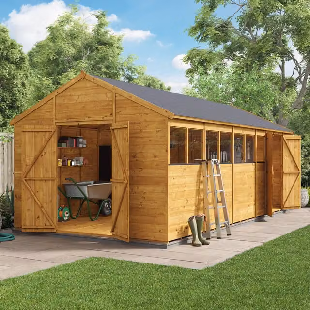 BillyOh Brown Wooden Tongue and Groove Apex Workshop with Dual Entrance and Windows, W: 609.6 cm, D: 243.8 cm, H: 185.8 cm