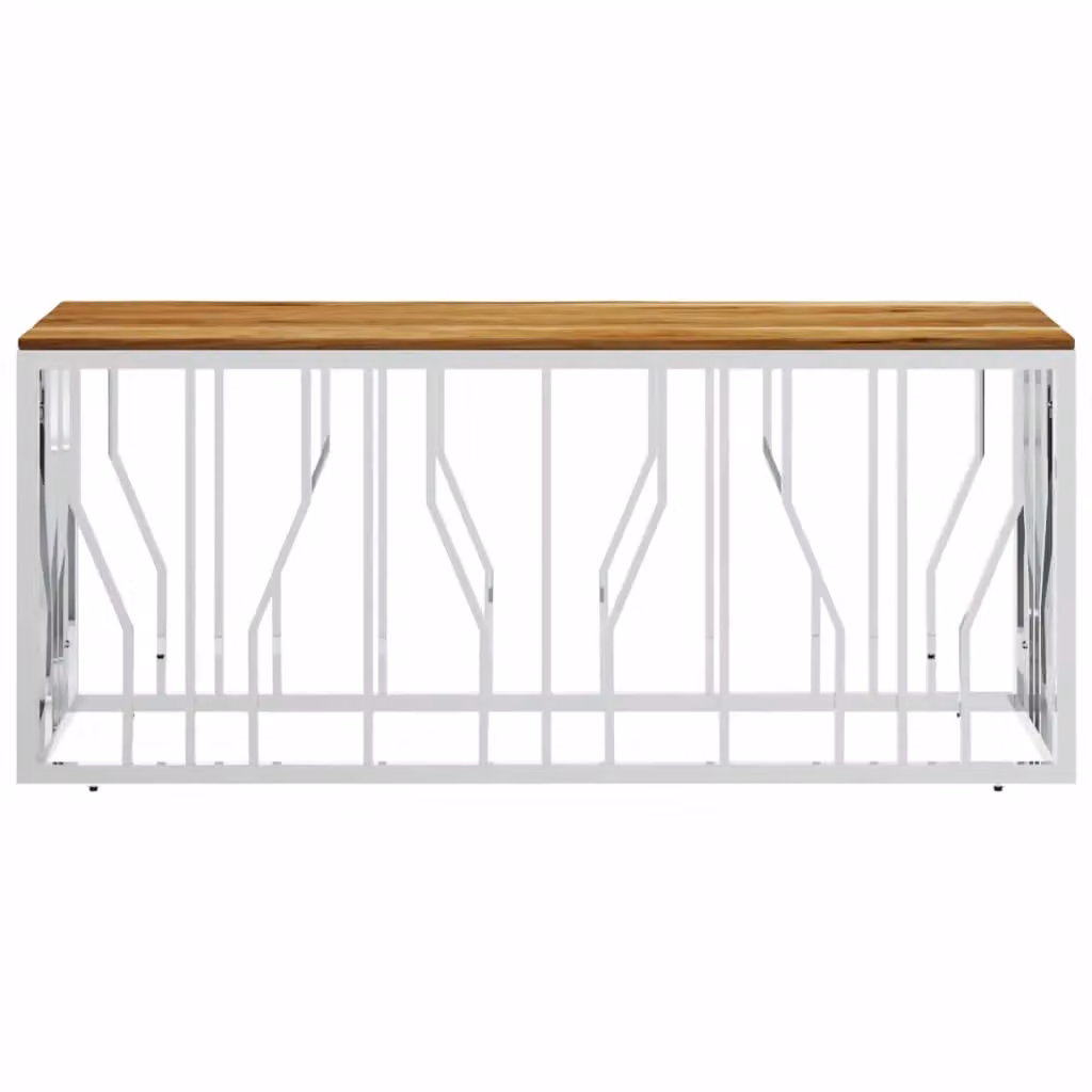 Berkfield Home Modern Rectangular Coffee Table in Silver Stainless Steel and Solid Acacia Wood – 2