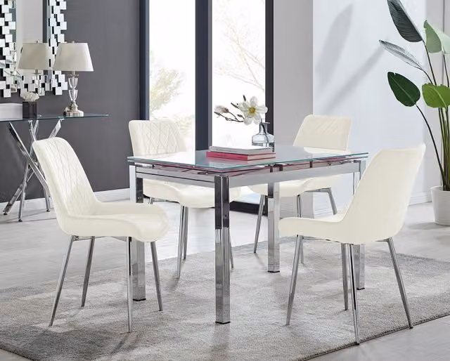 FurnitureboxUK Enna White Glass Extending 4-6 Seater Dining Table and 4 Pesaro Cream Soft Velvet Chairs – 1