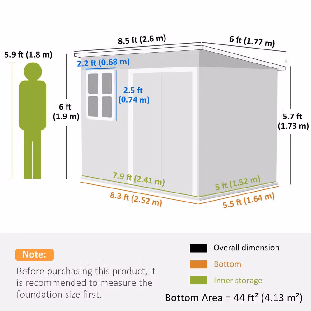 Rolipo Galvanised Metal Pent Shed with Foundation Kit and Window, Light Grey, W/D/H: 260 x 190 x 177 cm – 4