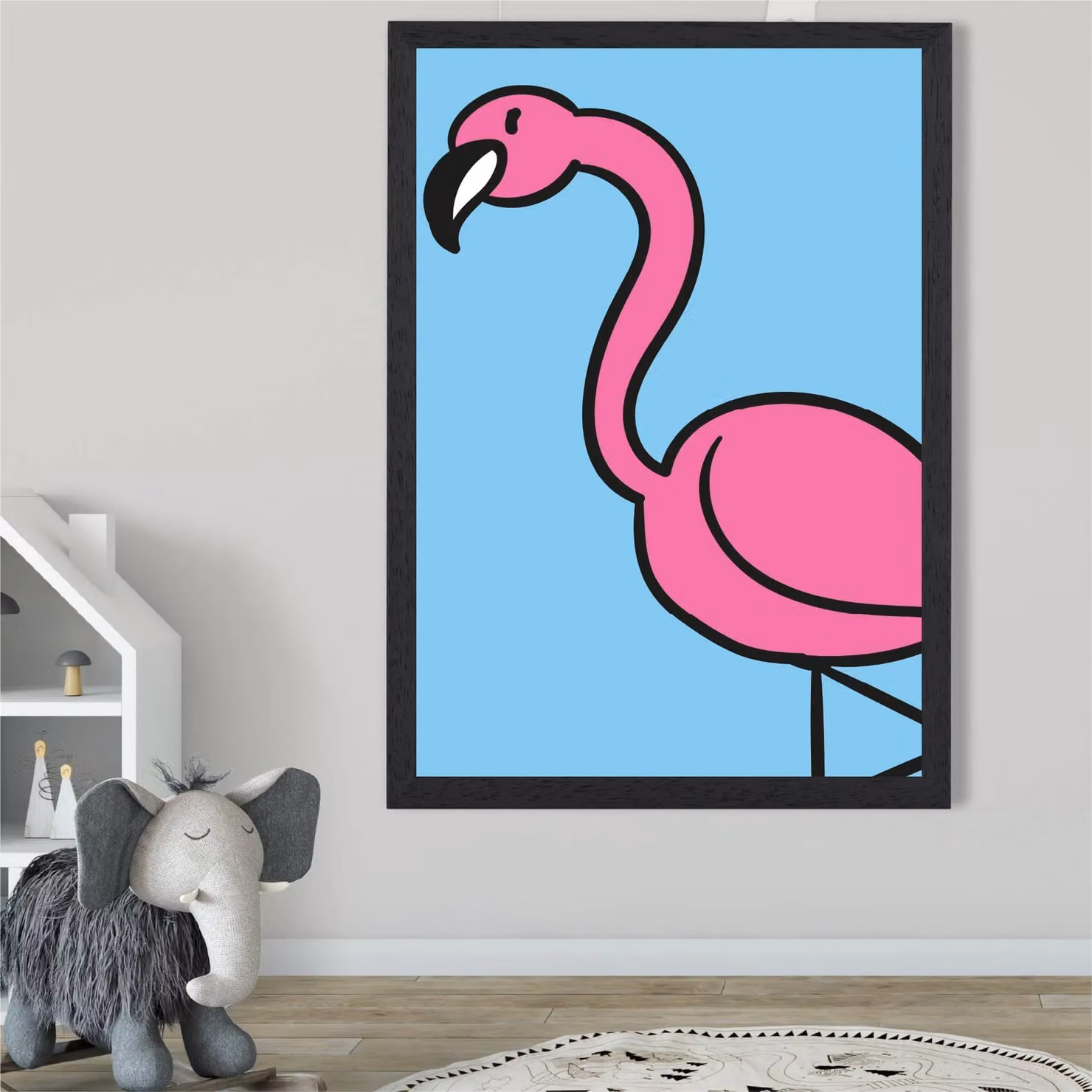 ARTZE Flamingo Cartoon Style Framed Paper Poster, Pink and Blue Illustration with Black Frame, W: 21.0 cm, H: 29.7 cm – 2