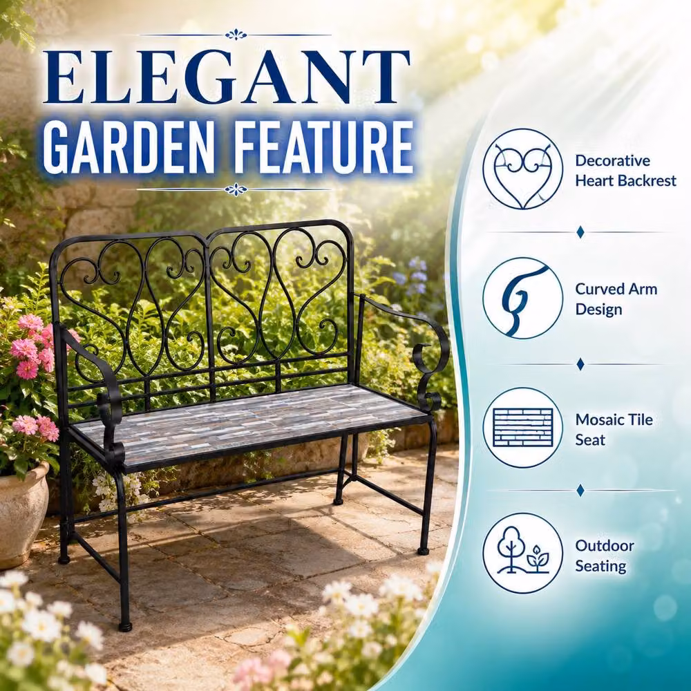 Shatchi Oasis Mediterranean Mosaic 2 Seater Garden Bench in Multicolour Metal and Ceramic Tile, W: 112 cm, H: 96 cm, D: 47 cm – 6