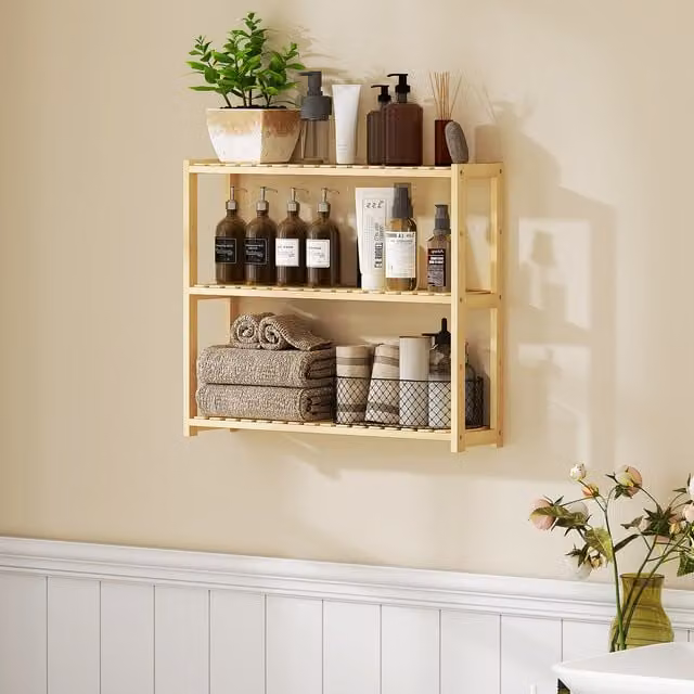 HOMCOM 3 Tier Bamboo Bathroom Storage Shelf with Adjustable Shelves in Oak Brown
