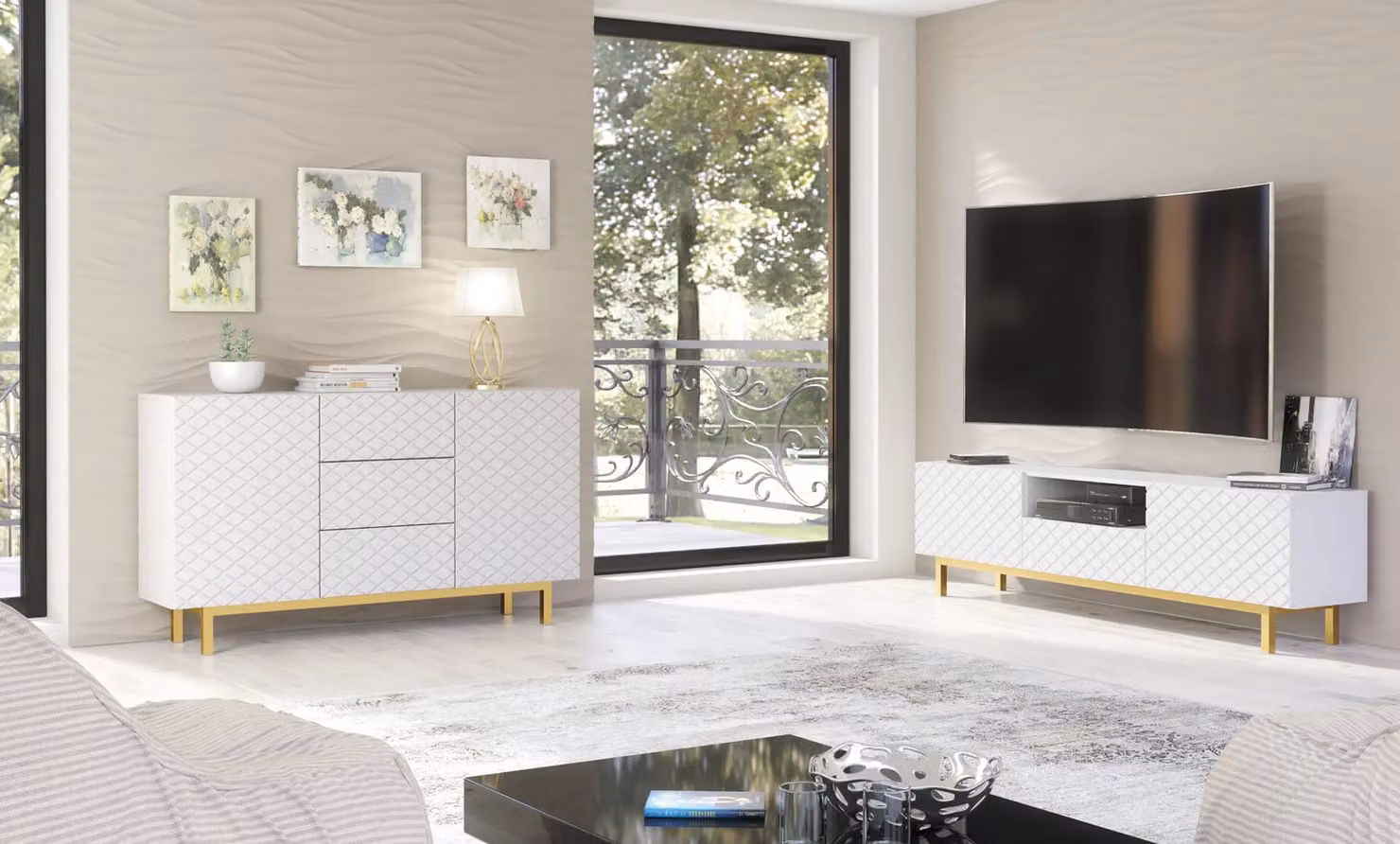 Creative Furniture Diamond Luxe TV Unit in White, Modern Glossy Geometric Cabinet W: 180 cm, D: 35 cm, H: 50 cm – 6