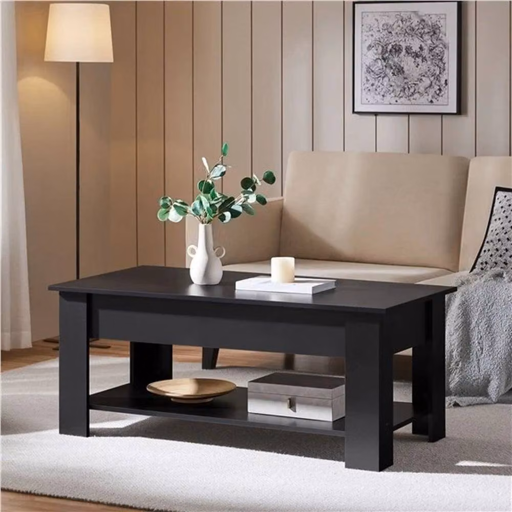 KORVIXA Modern Black Lift Top Coffee Table with Hidden Compartment and Open Shelf, W/D/H: 100 x 59 x 49 cm – 4