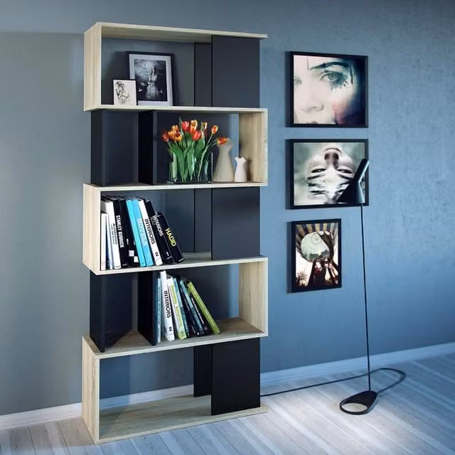 Furniture To Go Maze Mid-Century Open Bookcase in Black and Oak
