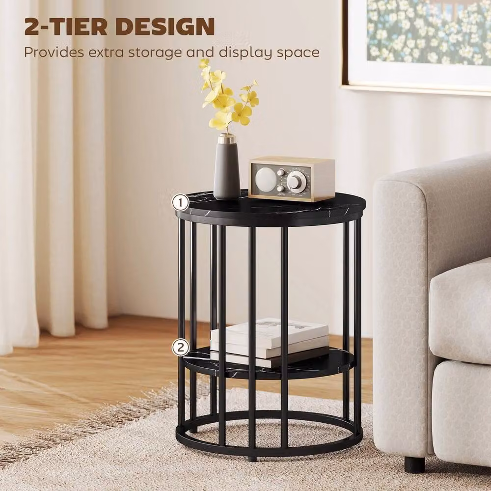 Havendro Set of 2 Round Marble-Effect Coffee Tables with Nested Tops in Black and Multicolour – 3