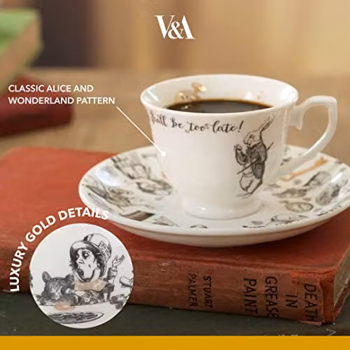 V&A Alice in Wonderland Espresso Cup and Saucer, White and Gold Bone China, 100 ml – 2