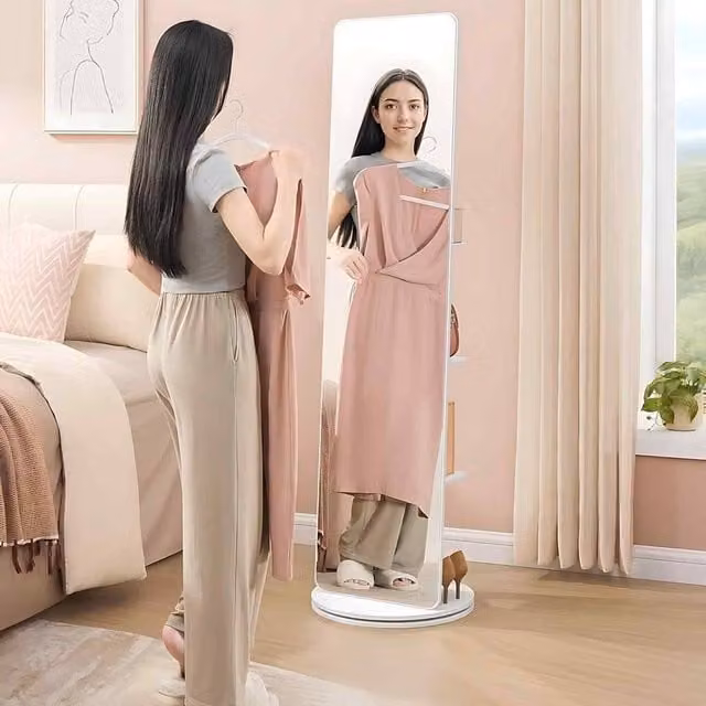 The Bazaarist 360 Rotating Full Length Mirror with Shelves and Hooks, White – 1