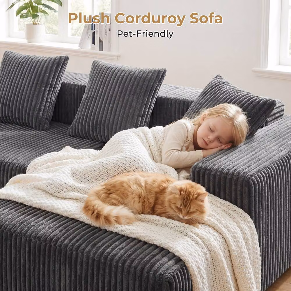 Dprodo 4 Seater Modular Right L-Shaped Sectional Sofa in Grey Velvet Cord Fabric, Width: 261 cm – 3