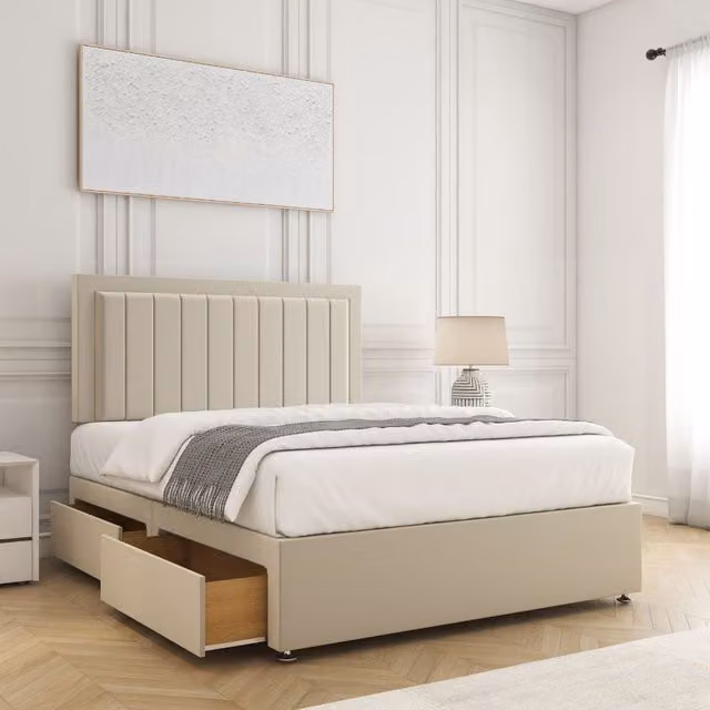BSSPOKE Zarah Super King Divan Bed with 24 inch Headboard, 2 Drawers and Mattress in Beige Plush Velvet