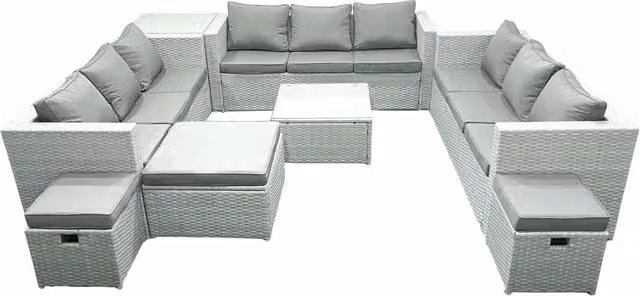 Fimous 12 Seater Rattan Garden Furniture Set in Light Grey with U-Shape Sofa, 3 Ottomans and Coffee Table – 1