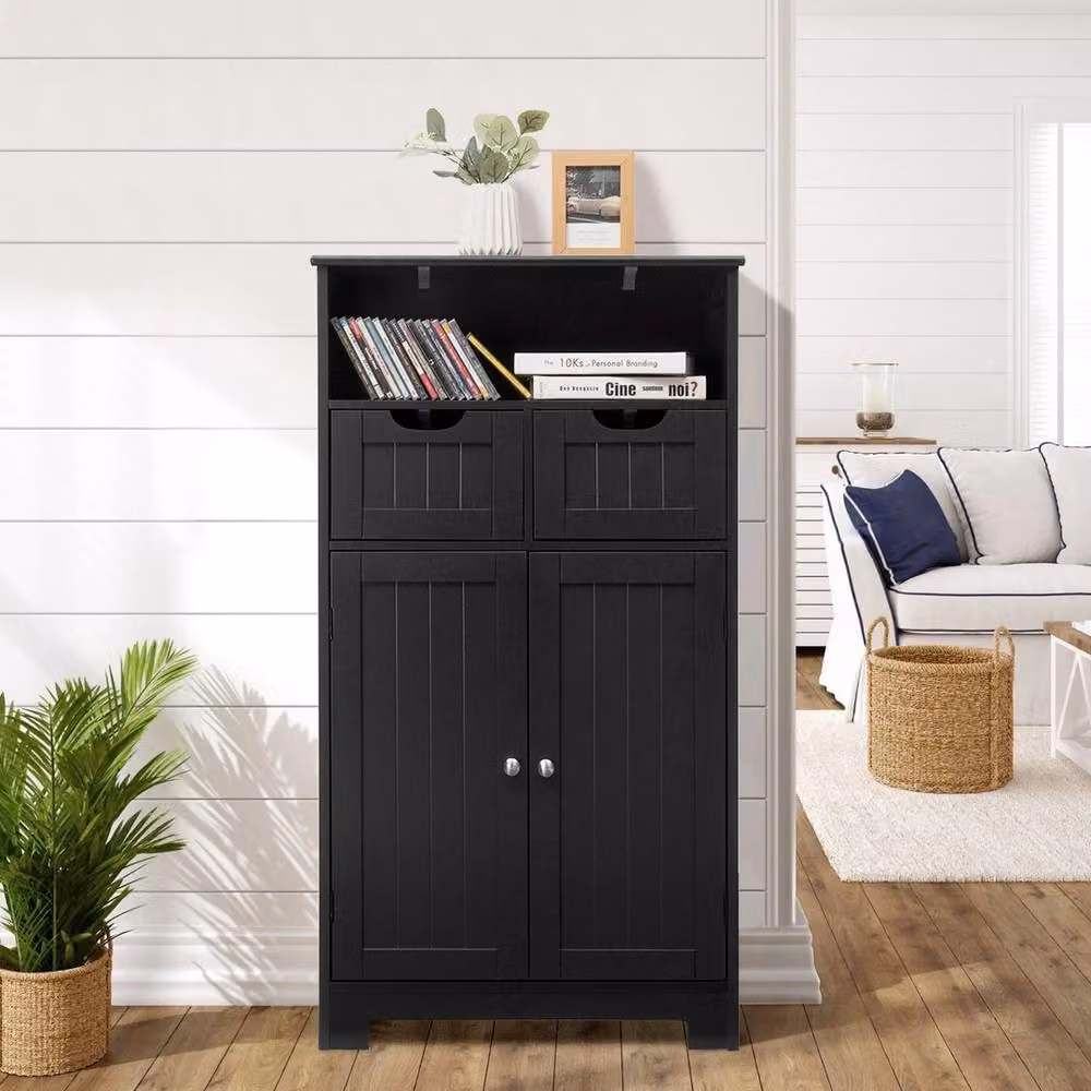 VOGREX Black Modern Freestanding Bathroom Cabinet with 2 Hinged Doors, 2 Internal Drawers and Open Shelf – 4