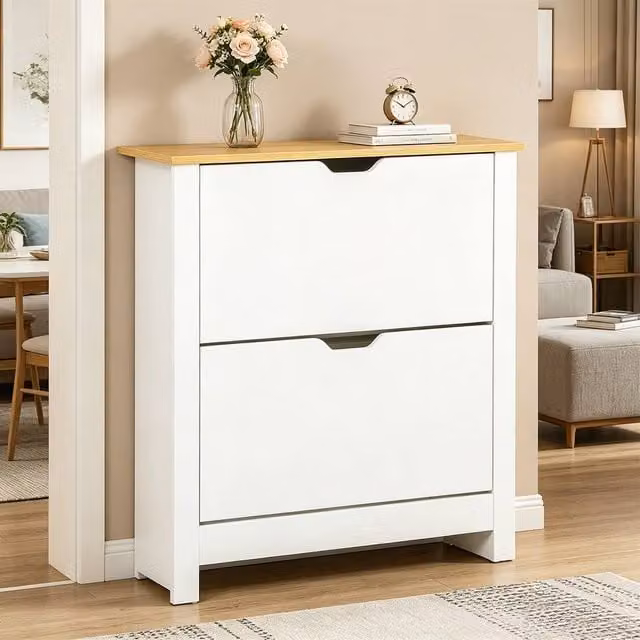 ERGOVEXA Narrow White Shoe Cabinet with 2 Tilting Compartments and Adjustable Internal Shelves