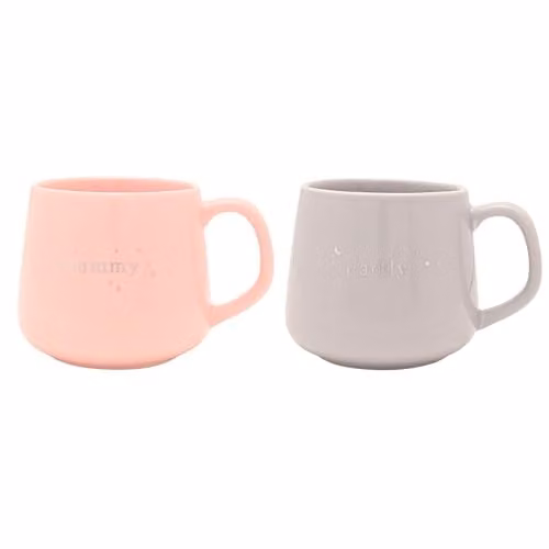 Bambino Set of 2 Mummy and Daddy Stoneware Ceramic Mugs in Pink and Grey, 300ml Capacity – 1