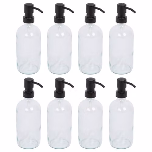 Harbour Housewares Pack of 8 Refillable Clear Glass Soap Dispensers with Black Pumps, 500ml