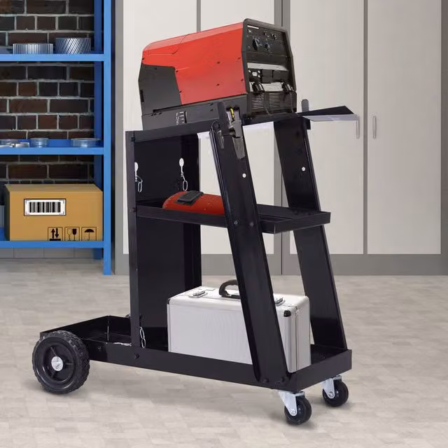 DURHAND Three-Tier Steel Welding Cart with Gas Bottle Storage and Wheels, Black, W/D/H: 70.0 x 50.0 x 39.0 cm