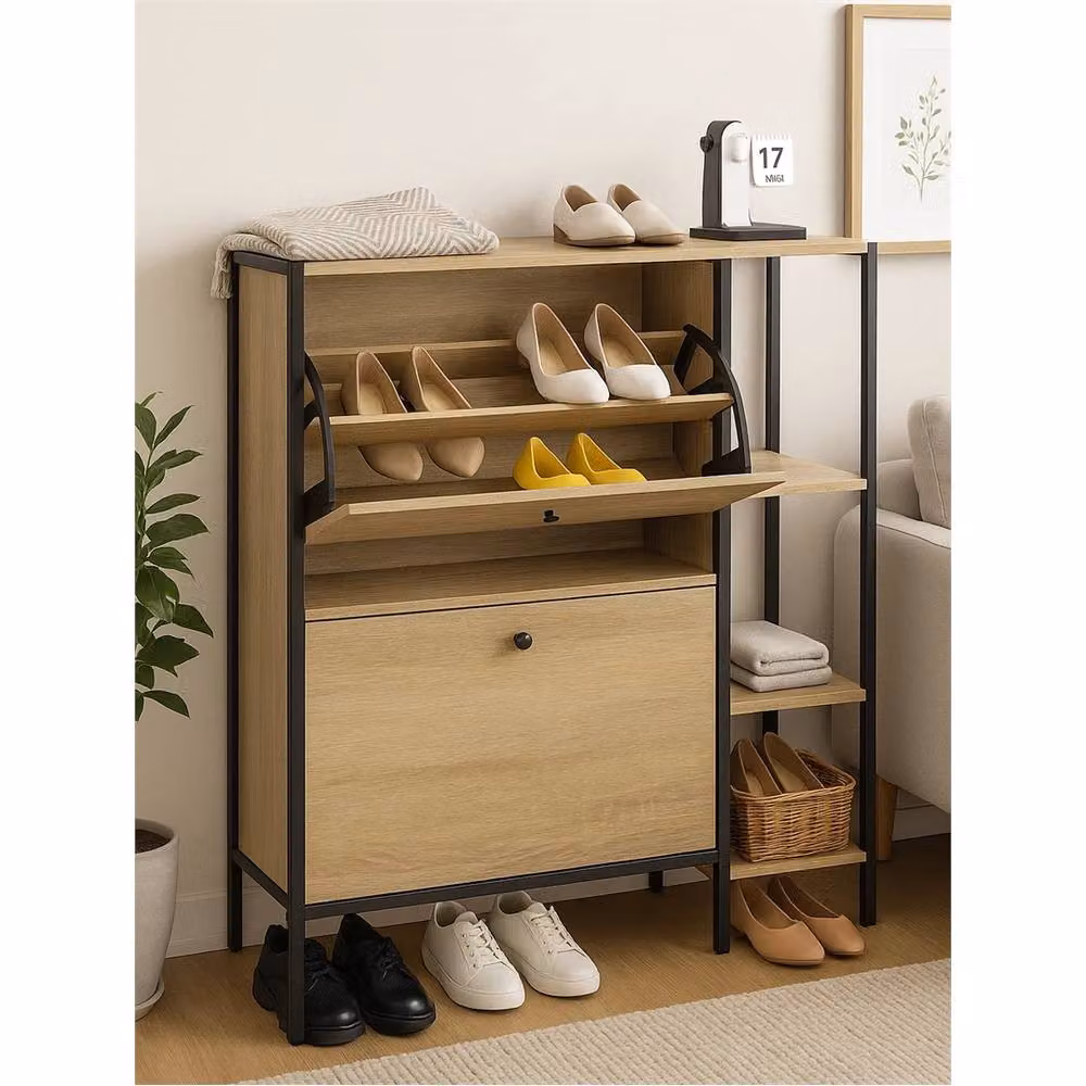 Nordara MDF Wooden Shoe Rack Storage Cabinet with 2 Drawers in Natural Sand Brown – 2