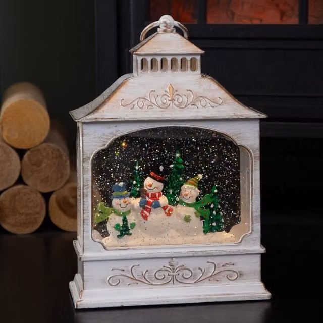 Samuel Alexander White and Gold LED Christmas Snowman Wonderland Tabletop Lantern Decoration, H 28 cm – 1