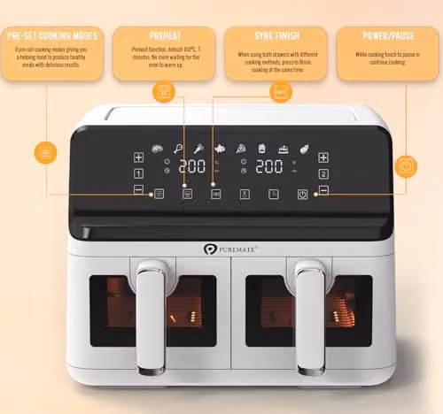 PureMate 9L Dual Basket Air Fryer in White with Digital Display and 2500W Power – 2
