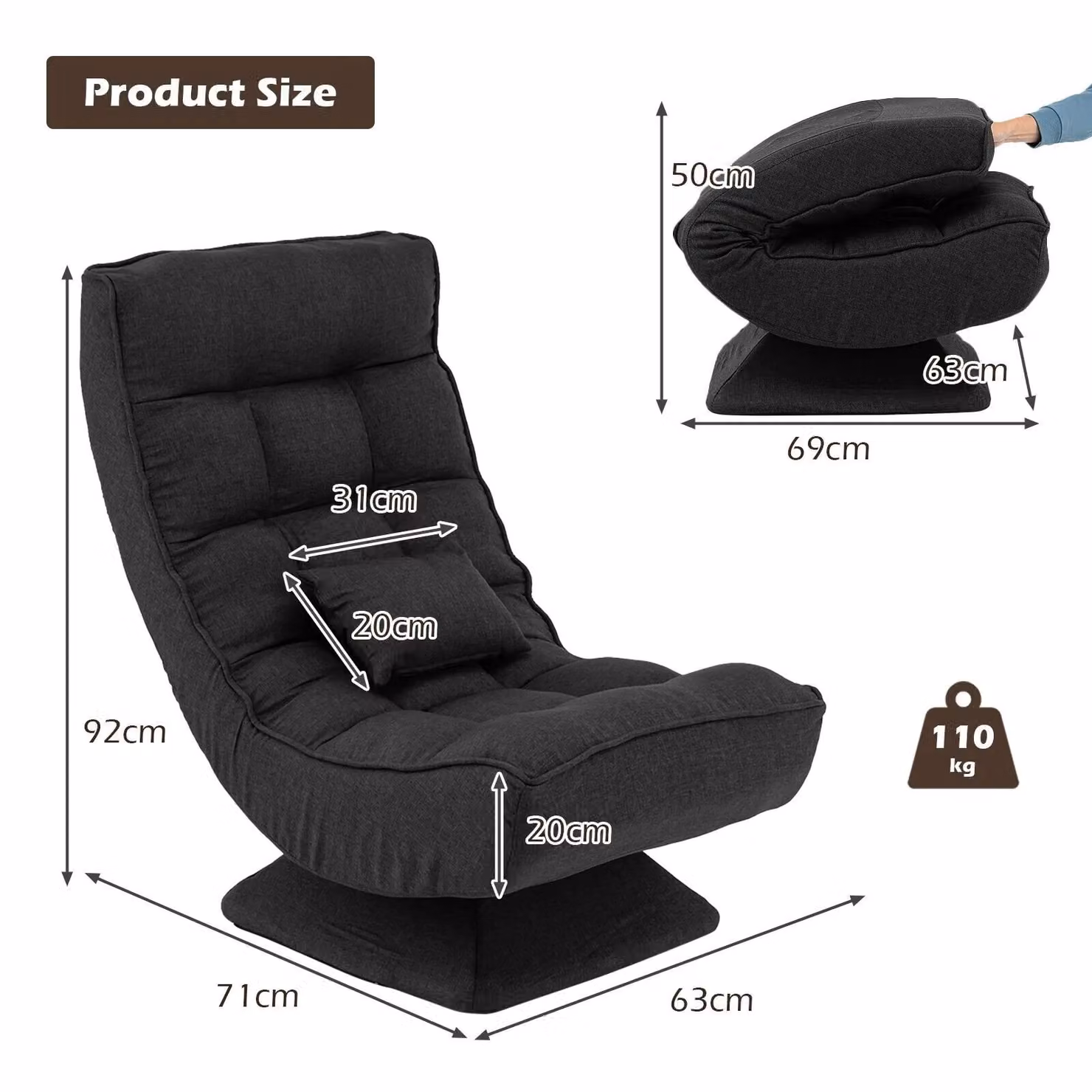 Costway Black Folding Floor Gaming Chair with 360 Degree Swivel and 4-Position Adjustable Backrest – 2
