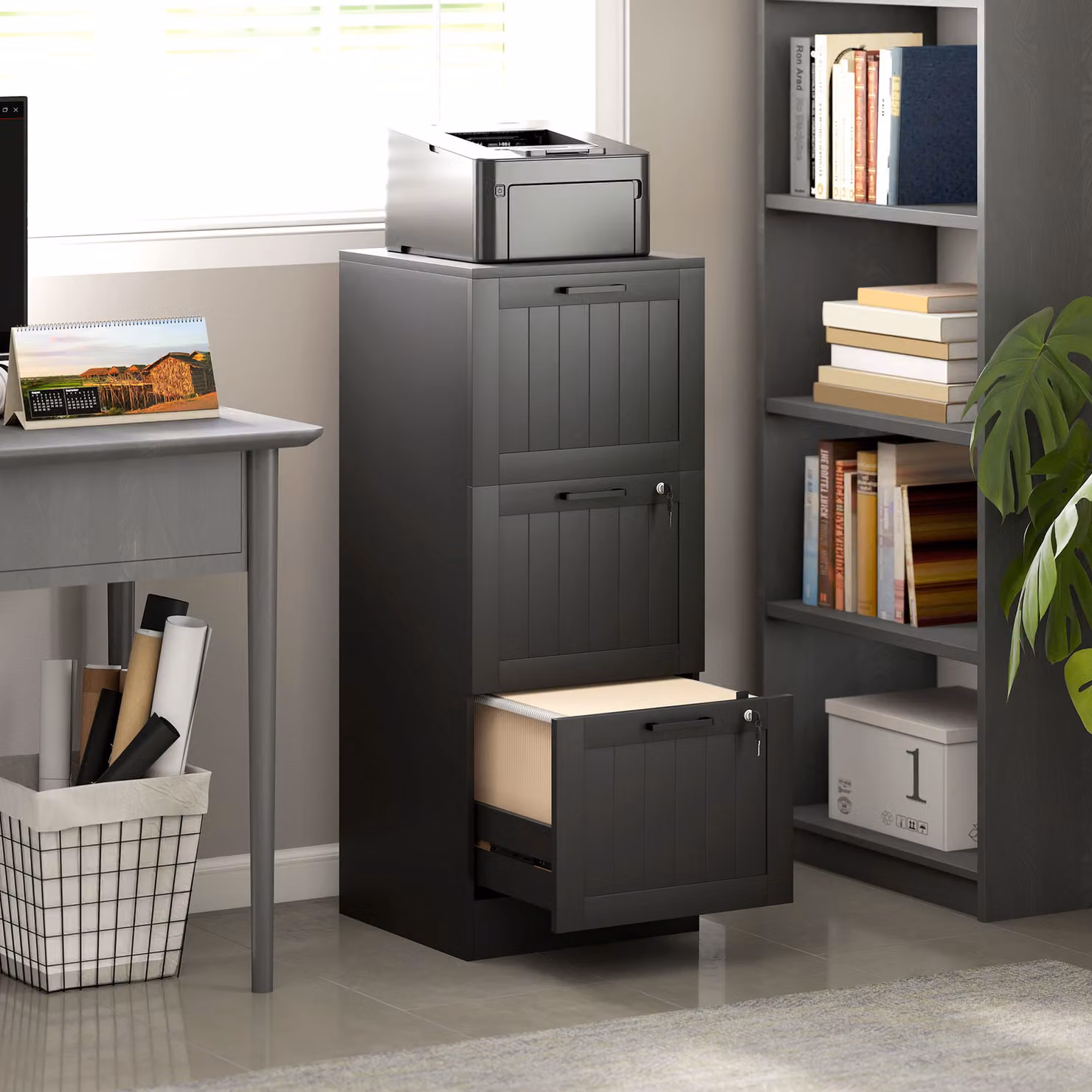 HOMCOM 3 Drawer Black Metal Filing Cabinet with Lock and Adjustable Hanging Bars for A4 and Letter Size Files – 2
