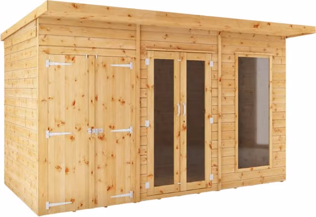 Waltons Brown Wooden Shiplap Pent Summerhouse Garden Room with Double Doors and Window