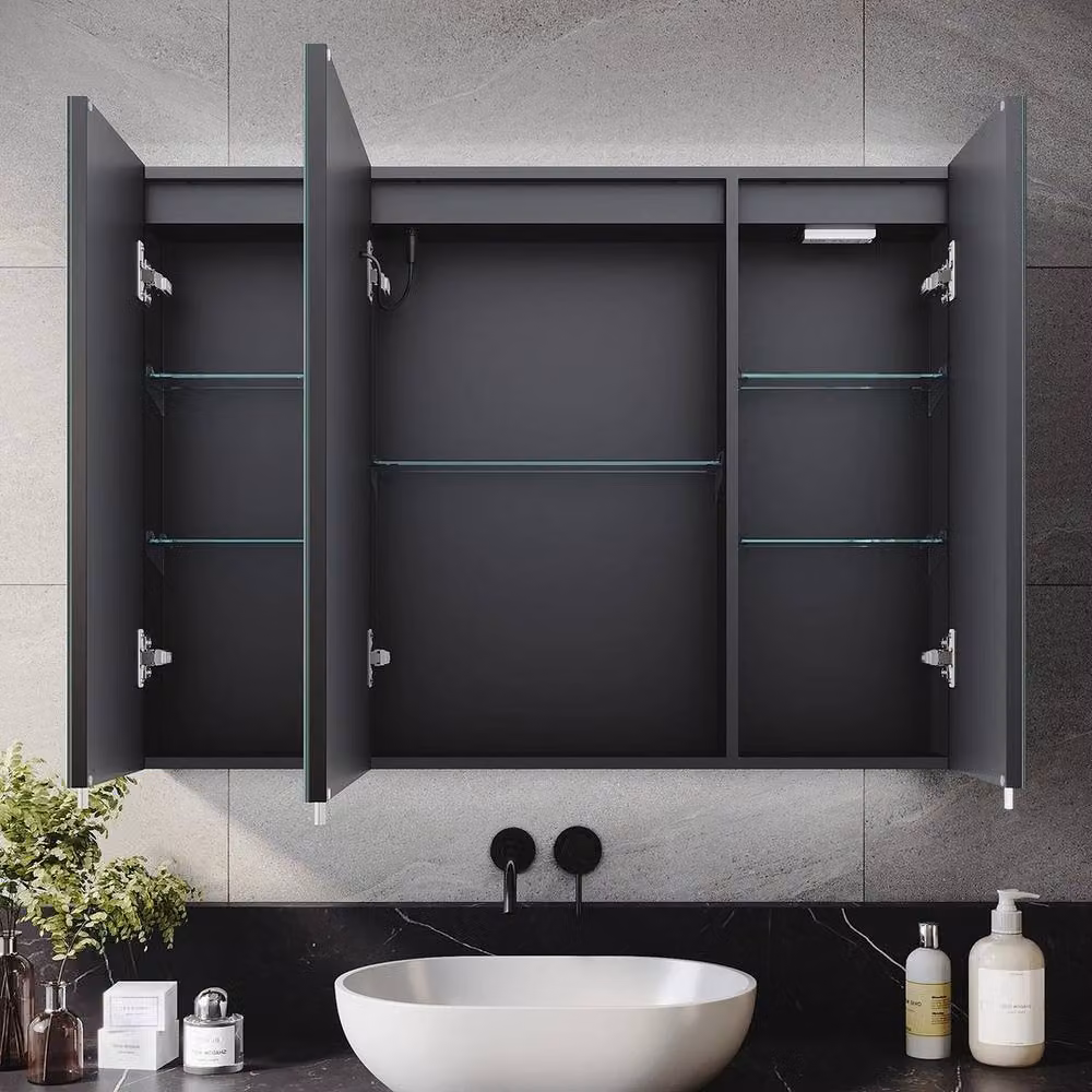 FORGEVIO Black Matt LED Bathroom Mirror Cabinet with Integrated Lighting, Shaver Socket and Anti-Fog Function – 2