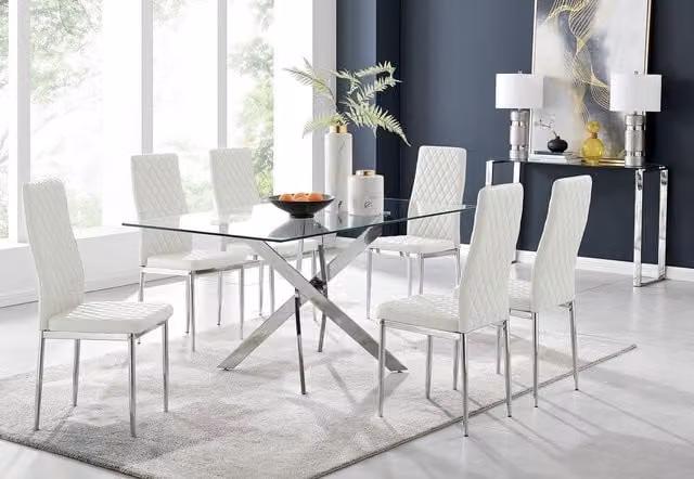 FurnitureboxUK Leonardo Dining Set with Glass and Chrome Metal Rectangular Table and 6 White Milan Chairs, W/D/H: 150 x 90 x 75 cm – 1