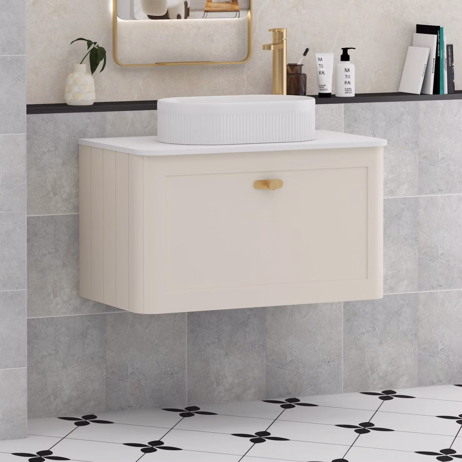 Royal Bathrooms Henley 800mm Wall Hung Vanity Unit in Mushroom Cashmere with Plain White Worktop, Lyon Basin and Brushed Brass Knob