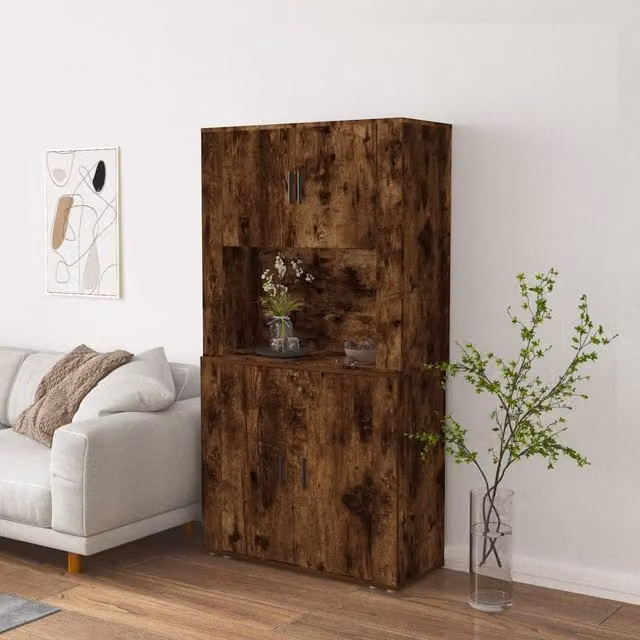 Berkfield Home Smoked Oak Highboard in Brown with Hinged Doors and Open Shelves