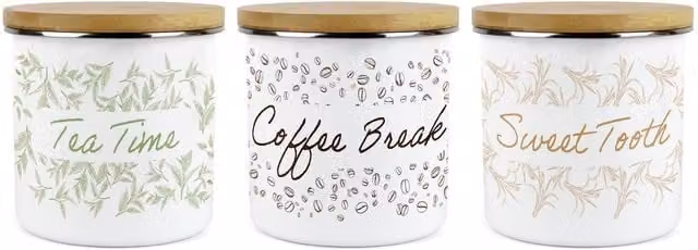 Purely Home Artistic Tea, Coffee and Sugar Large Kitchen Canister Set of 3 in White Ceramic and Enamel