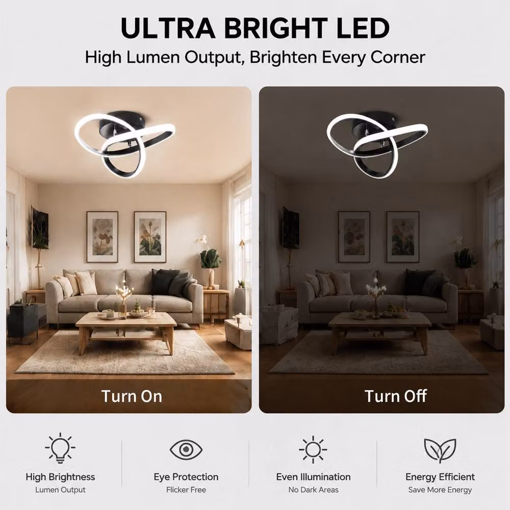 INMTFEI Modern Twisted Ring LED Ceiling Light, Black Flush Mount Metal Fixture – 4